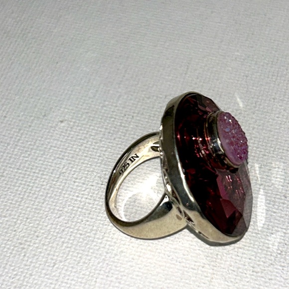 NWOT Sterling Silver Genuine Pink Quartz Druzy Gemstone Ring Designer Sajen Boho - Picture 11 of 14